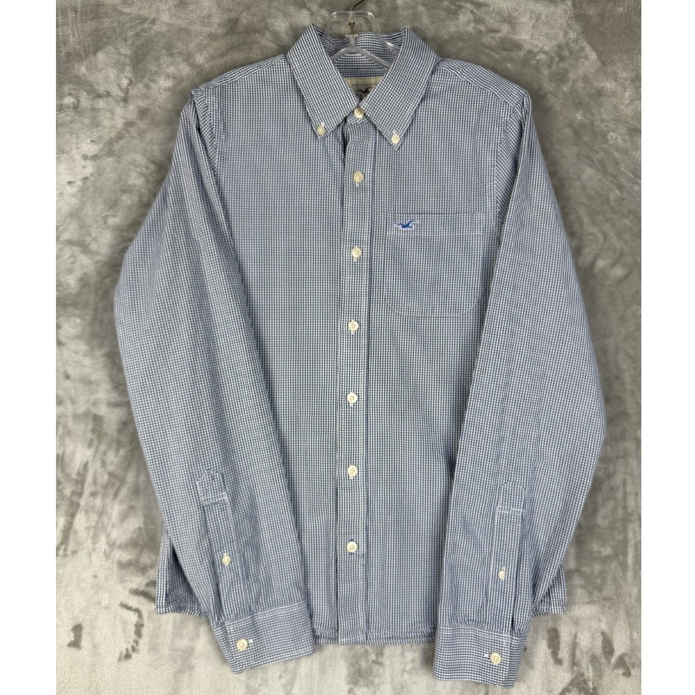 Hollister Mens‎ Button Down Shirt Blue Gingham Long Sleeve Pocket Classic Fit M